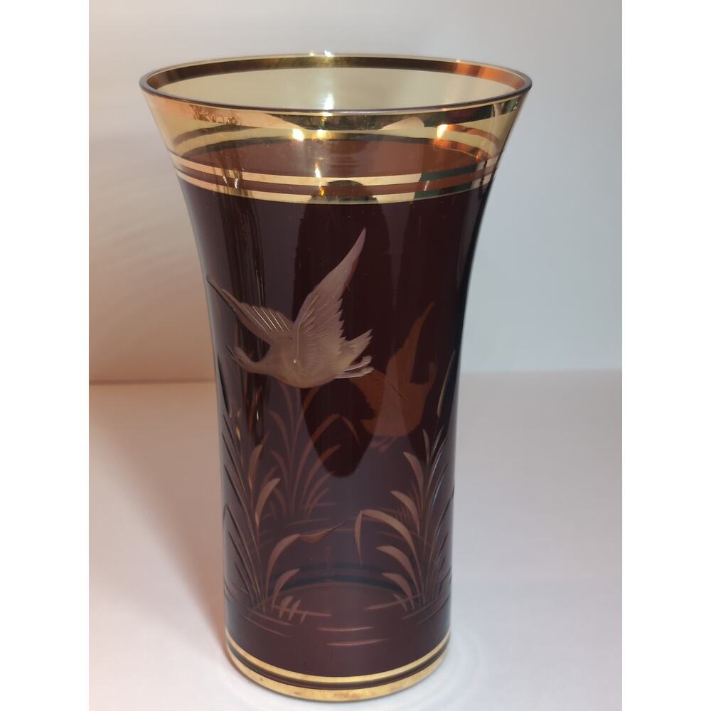 FRIEDERICH EGERMANN?CZECH BOHEMIAN ETCHED CRYSTAL 24k Trumpet Vase MCM (JG-74)